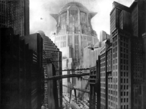 The futuristic city from the Metropolis (1927) http://upload.wikimedia.org/wikipedia/en/2/28/Metropolis-new-tower-of-babel.png